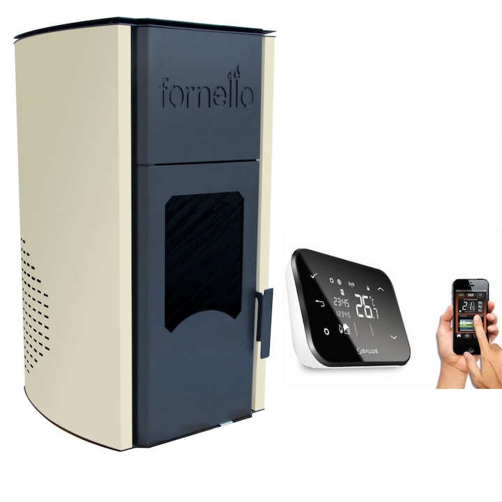 Termosemineu peleti Fornello Royal 25 kw WI FI, complet echipat pentru incalzire, pompa, vas expansiune, automatizare, telecomanda, buncar peleti tiraj fortat, control prin smartphone