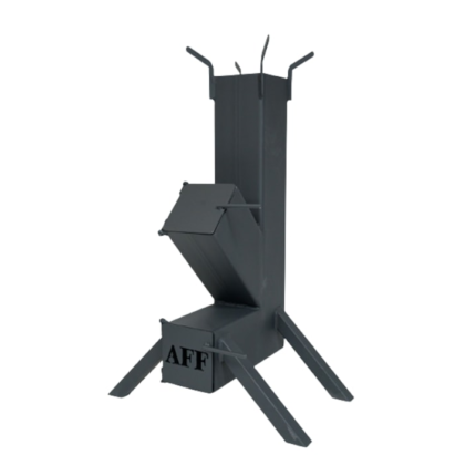 Soba racheta pentru camping, 120x120x3 mm, dimensiuni 310/120/740 mm, vopsita cu vopsea termorezistenta, pentru gatit la ceaun, negru