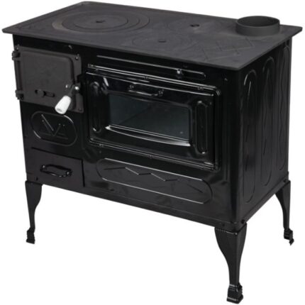 Soba Masina Gatit Bucatarie Negru Lemne Plita Fonta Evacure Partea Dreapta Diametru 130mm Dimensiuni 78 x 43 x 74 cm 6kw