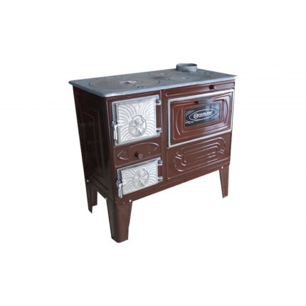 Soba de Gatit Samotata cu Lemne si Combustibil Solid Harlem® , Dimensiuni 800X430X760 mm , Evacuare 120 mm, pe partea stanga, Cuptor Pentru Gatit cu Tava Rotunda si Gratar INCLUSE, Tabla Emailata, MARON