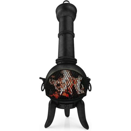 Soba de terasa cu aparatoare de scantei, din fonta, cu cos de fum, vatrai, usa cu zabrele, negru, Jago®