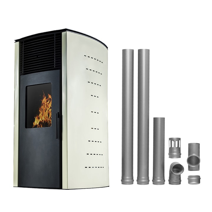Pachet complet pentru incalzire Semineu (soba) pe peleti cu tiraj fortat Fornello Stela 10 KW, include ventilator aer cald, aprindere electrica, telecomanda, recomandat pentru 100 mp, Ivory, cu kit de evacuare 2,5 metri