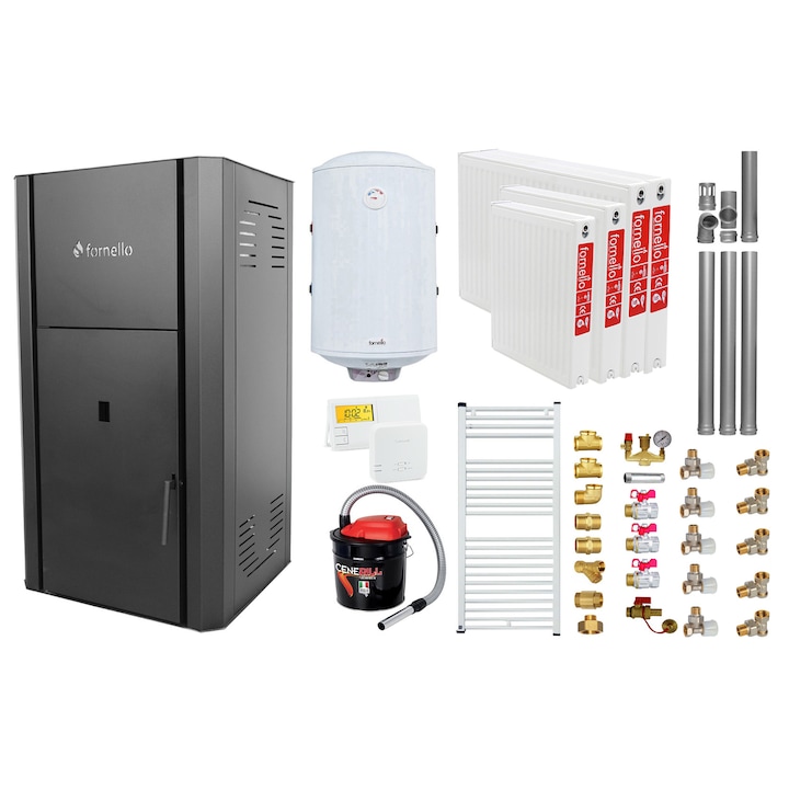 Pachet Centrala peleti Fornello Primo Pellet Black 25 kw, complet echipata pentru incalzire, pompa, vas expansiune, automatizare, kit evacuare 3.5 ml, Boiler Termoelectric 100 l, Termostat Salus, Aspirator , Calorifere si kit montaj