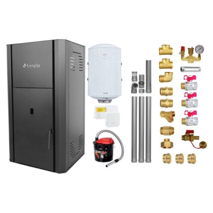 Pachet Centrala peleti Fornello Primo Pellet Black 30 kw, complet echipata pentru incalzire, pompa, vas expansiune, automatizare, kit evacuare 3.5 ml, Boiler Termoelectric Fornello 100 l, Termostat Salus, Aspirator si kit montaj