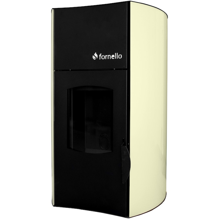 Termosemineu pe peleti Fornello Fiama Avorio 25 kw, complet echipat pentru incalzire, pompa, vas expansiune, automatizare, telecomanda, buncar peleti 30 kg, tiraj fortat, culoare Fildes, aprindere automata, pana la 160 mp