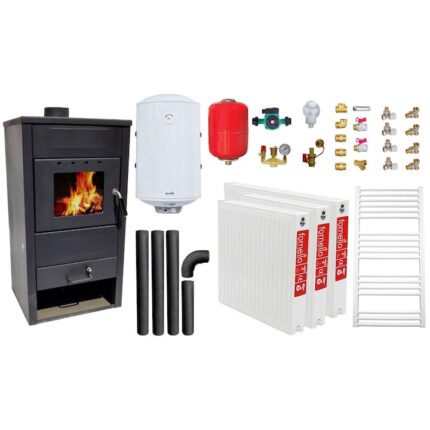 Pachet incalzire si apa calda pentru 2 camere, Termosemineu pe lemne, brichete si carbune Fornello B2E, 14 kW, 46x45x91 cm, boiler termoelectric 80l, vas expansiune, pompa circulatie, kit evacuare, calorifere si kit montaj