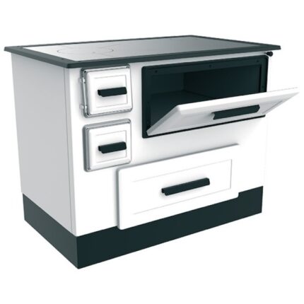 Soba pentru incalzit si gatit pe lemne 5 kW alb evacuare dreapta Alfa55 ECO ALFA-PLAM