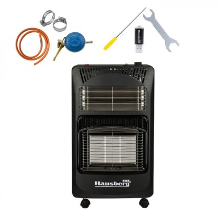 Pachet Soba pe gaz GPL (butelie) si electric Hausberg HB-1020NG, aprindere piezo-electrica, 4.2kW, Negru, Ceas butelie MN2014, 1m furtun gaz MN2015 si 2 coliere furtun