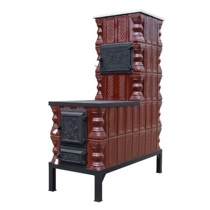 Soba teracota, Gospodarul, 5 randuri, alimentare pe lung, cuptor central, plita mijlocie, maro castaniu, 140 m x 101 cm x 46 cm