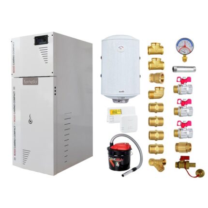 Pachet Centrala termica pe peleti Fornello Rossi Camino Compact 35 kw, pompa de circulatie, vas expansiune, tiraj fortat, Ecodesign, A+, Boiler Termoelectric Fornello 100 l, Termostat Salus, Aspirator si Kit montaj