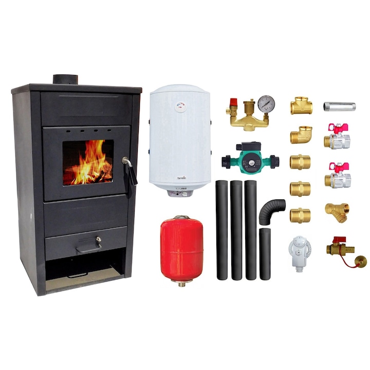 Pachet Termosemineu pe lemne, brichete si carbune Fornello B2E, 14 kW, 46x45x91 cm, boiler termoelectric 80l, vas expansiune, pompa circulatie, kit evacuare si kit montaj