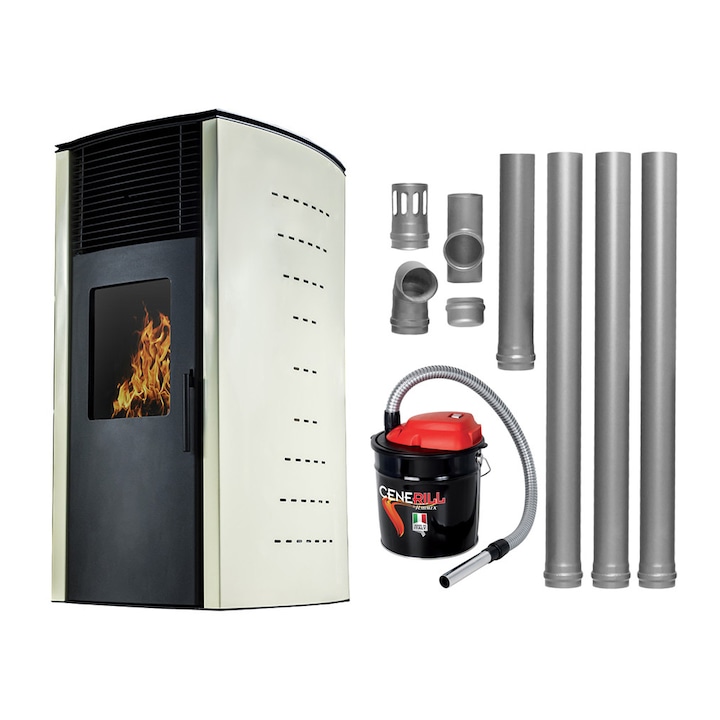 Pachet complet pentru incalzire Semineu (soba) pe peleti cu tiraj fortat Fornello Stela 10 KW, include ventilator aer cald, aprindere electrica, telecomanda, recomandat pentru 100 mp, Ivory, aspirator de cenusa si kit de evacuare 3,5 metri