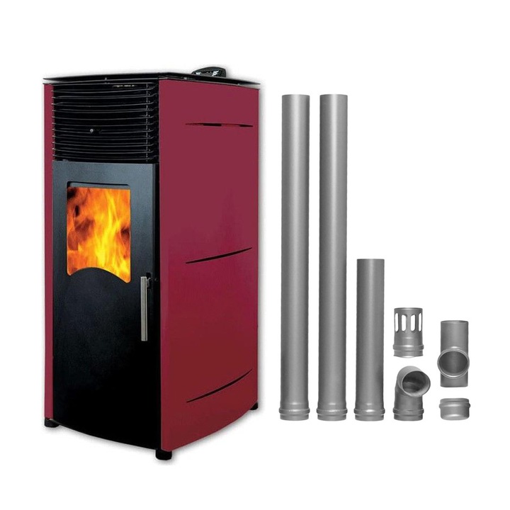 Pachet complet pentru incalzire Semineu (soba) pe peleti cu tiraj fortat Fornello Stela 10 KW, include ventilator aer cald, aprindere electrica, telecomanda, recomandat pentru 100 mp, Bordeaux, cu kit de evacuare 2,5 metri