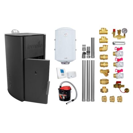 Pachet Centrala peleti Fornello Royal Black 30 kw, complet echipata pentru incalzire, pompa circulatie, vas expansiune, automatizare, kit evacuare 3.5 ml, Boiler Termoelectric Fornello 100 l, Termostat Salus T105 RF, Aspirator si kit montaj