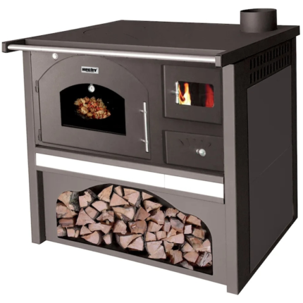 Soba cu plita si cupotor pe lemne HECHT Vulcanus, din otel, putere 6 kW, diametru evacuare 130 mm, usa cu sticla termorezistenta, pentru lemne, gri