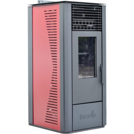 Semineu pe peleti cu aer cald Fornello Sophia Premium Bordeaux 11 kw, aprindere electrica, tiraj fortat, telecomanda, focar din fonta, recomandat pentru 110 mp