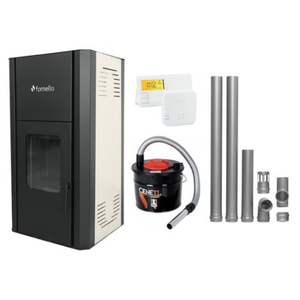 Pachet Termosemineu peleti Fornello Primo Pellet Ivory 30 kw, complet echipat cu pompa, vas expansiune, automatizare, culoare Ivory, kit evacuare 2.5 ml, Termostat Radio Comanda Salus, Aspirator Cenusa