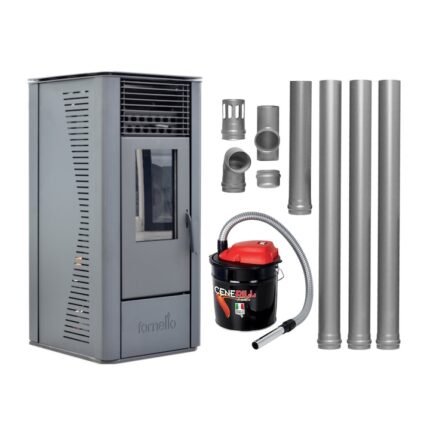 Semineu soba pe peleti cu aer cald, Fornello Sophia Premium 11 kw, aprindere electrica, tiraj fortat, telecomanda, culoare Black, recomandat pentru 110 mp, focar din fonta, capacitate buncar 22 kg, Kit evacuare 3.5 ml si Aspirator Cenusa