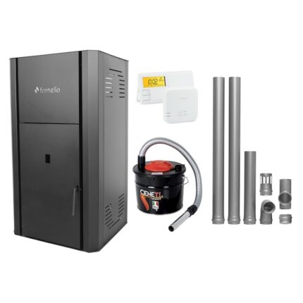 Pachet Centrala peleti Fornello Primo Pellet Black 30 kw, complet echipata cu pompa, vas expansiune,, automatizare, culoare negru, kit evacuare 2.5 ml, Termostat Radio Comanda Salus, Aspirator Cenusa