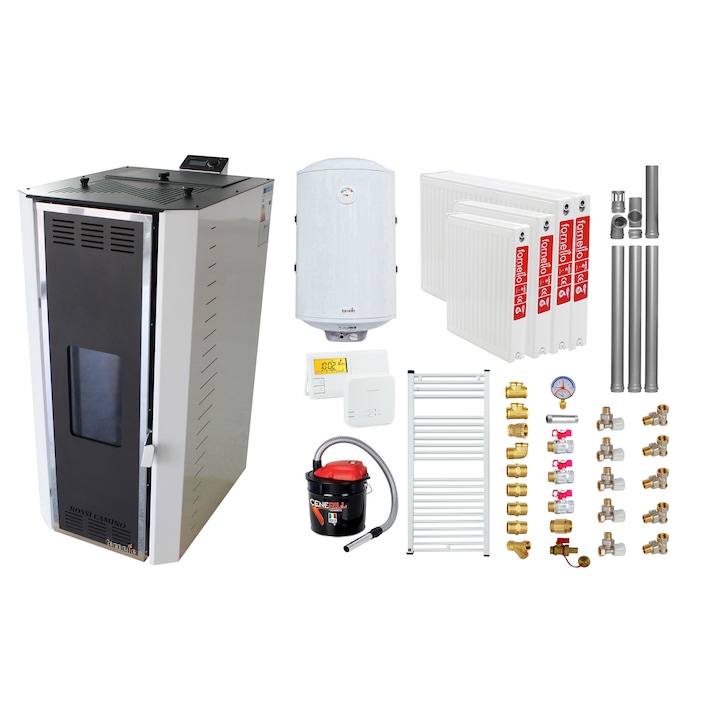 Pachet Termosemineu pe peleti Fornello Camino Rossi 25 kW, pompa Grundfos, vas expansiune, arzator inox, alb, A+, Kit evacuare 3.5 ml, Boiler Termoelectric Fornello 100 l, Termostat Salus, Aspirator, Radiatoare (calorifere) si Kit montaj