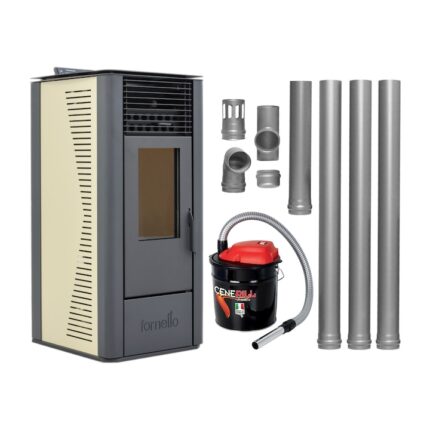 Pachet Semineu soba pe peleti cu tiraj fortat Fornello Sophia Premium 11 kw, aprindere electrica, telecomanda, culoare Ivory, recomandat pentru 110 mp, focar din fonta, capacitate buncar 22 kg, Kit Evacuare 3.5 ml si Aspirator cenusa