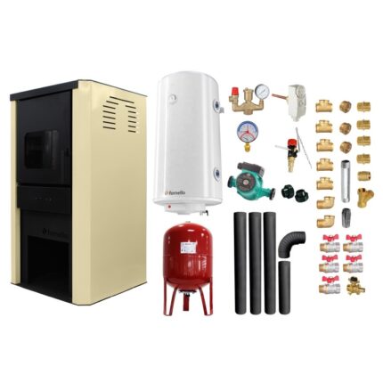 Set Termosemineu pe lemne, brichete si carbune Fornello Monza Ivory 27 kW, Boiler, Vas Expansiune, Pompa, Kit evacuare si Fitinguri