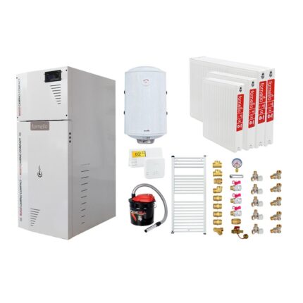Pachet Centrala termica pe peleti Fornello Rossi Camino Compact 35 kw, pompa de circulatie, vas expansiune, tiraj fortat, Ecodesign, A+, Boiler Termoelectric Fornello 100 l, Termostat Salus, Aspirator, Radiatoare si Kit montaj
