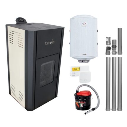 Pachet Termosemineu peleti Fornello Primo Pellet Ivory 30 kw, complet echipat pentru incalzire, pompa, vas expansiune, automatizare, focar fonta, kit evacuare 3.5 ml, Boiler Termoelectric Fornello 100 l, Termostat Salus 091FLRFV2, Aspirator