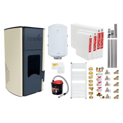 Pachet Termosemineu peleti Fornello Royal Ivory 25 kw, complet echipat, pompa circulatie, vas expansiune, automatizare, kit evacuare 3.5 ml, Boiler Termoelectric Fornello 100 l, Termostat Salus, Aspirator, Calorifere si kit montaj