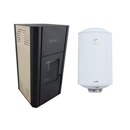 Pachet Termosemineu pe peleti Fornello Primo Pellet 25 KW, aprindere automata, telecomanda, buncar, tiraj fortat, pompa circulatie, vas expansiune, touch screen, Ivory, A+ si Boiler termoelectric Fornello Titanium Plus, 80 litri, 2000 watt