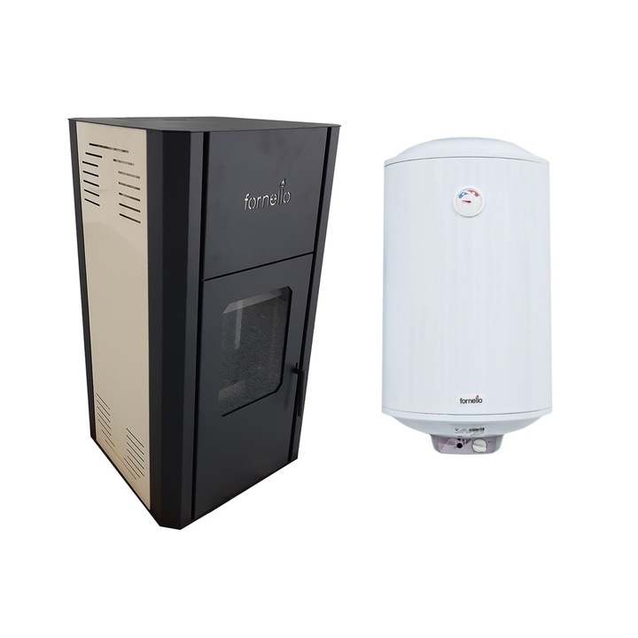 Pachet Termosemineu pe peleti Fornello Primo Pellet 25 KW, aprindere automata, telecomanda, buncar, tiraj fortat, pompa circulatie, vas expansiune, touch screen, Ivory, A+ si Boiler termoelectric Fornello Titanium Plus, 80 litri, 2000 watt
