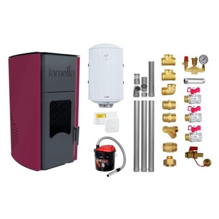 Pachet Termosemineu peleti Fornello Royal Bordeaux 25 kw, complet echipat pentru incalzire, pompa circulatie, vas expansiune, automatizare, kit evacuare 3.5 ml, Boiler Termoelectric Fornello 100 l, Termostat Salus, Aspirator si kit montaj