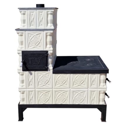 Soba mobila teracota, Gospodarul, 5 randuri, plita mare, alimentare pe lung, cuptor stanga, evacuare verticala, diamant alb, 140 cm x 113 cm x 57 cm