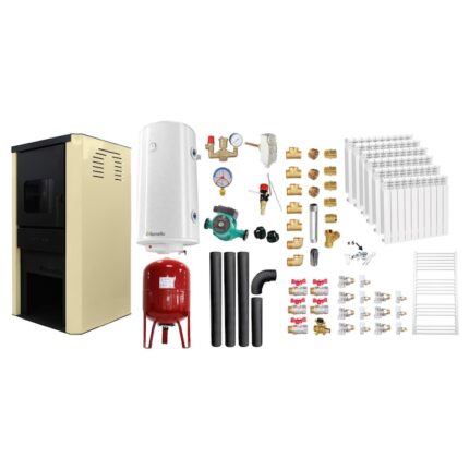 Set Termosemineu pe lemne, brichete si carbune Fornello Monza Ivory 27 kW, Calorifere, Boiler, Vas Expansiune, Pompa, Kit evacuare si Fitinguri
