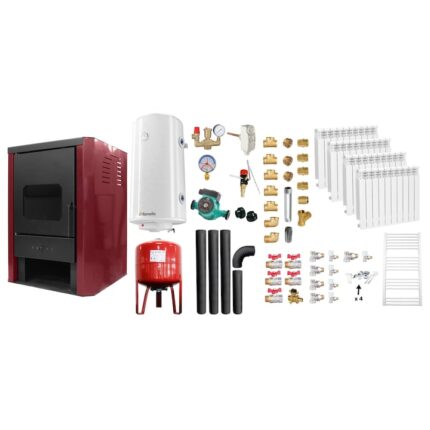 Set Termosemineu pe lemne, brichete si carbune Fornello Rimini Bordeaux 18 kW, Calorifere, Boiler, Vas Expansiune, Pompa, Kit evacuare si Fitinguri