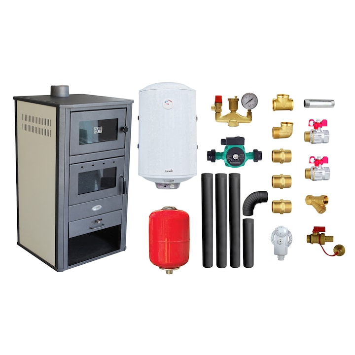 Pachet Termosemineu pe lemne, brichete si carbune Fornello BRM E, 24 KW, cuptor, Ivory, 450x490x1030 mm, boiler termoelectric 100l, vas expansiune, pompa circulatie, kit evacuare si kit montaj