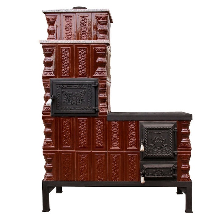 5 randuri Soba teracota mobila, Gospodarul, 5 randuri, plita mijlocie, alimentare si cuptor stanga, maro 145 cm x 102 cm