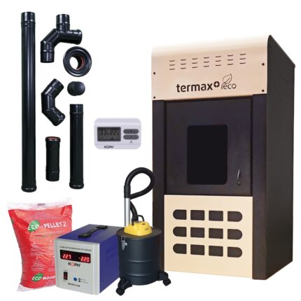 Pachet termosemineu pe peleti Termax ECO, 25 kW, cu agent termic, complet echipat, 160 mp, crem