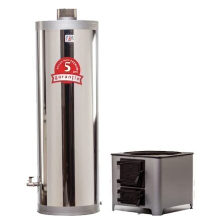 Ansamblu boiler cazan inox 90 litri cu focar cu usi din fonta, doua surse, lemn si electric