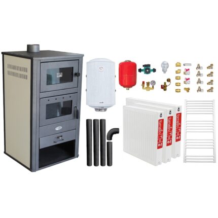 Pachet incalzire si apa calda pentru 2 camere, Termosemineu pe lemne, brichete si carbune Fornello BRM E, 24 KW, cuptor, Ivory, 450x490x1030 mm, boiler termoelectric 100l, vas expansiune, pompa circulatie, calorifere, kit evacuare si kit montaj