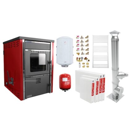 Pachet incalzire si apa calda 3 camere Termosemineu pe lemne FORNELLO TOROS 29 kw Bordeaux pe combustibil solid ( lemn, carbune, bricheti ), cos inox, boiler termoelectric 100l, vas expansiune, calorifere si kit montaj