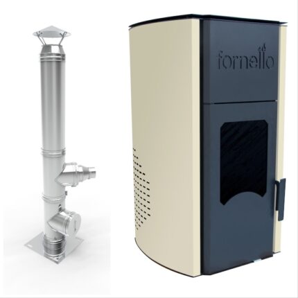 Pachet Termosemineu pe peleti Fornello Royal 25 kw, complet echipat pentru incalzire si cos de fum din inox, izolat, inaltime 4 metri, diametru 120 mm