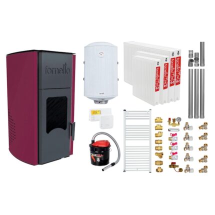 Pachet Termosemineu peleti Fornello Royal Bordeaux 25 kw, complet echipat, pompa circulatie, vas expansiune, automatizare, kit evacuare 3.5 ml, Boiler Termoelectric Fornello 100 l, Termostat Salus, Aspirator, Calorifere si kit montaj