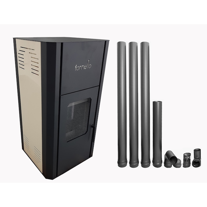 Pachet Termosemineu pe peleti Fornello Primo Pellet 25 KW, aprindere automata, telecomanda, buncar, tiraj fortat, pompa circulatie, vas expansiune, touch screen, Ivory, A+, si kit de evacuare gaze arse 80 mm, 3,5 metri complet pentru montaj