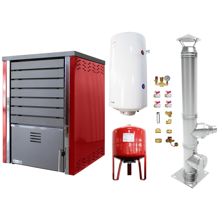 Pachet Centrala pe lemne Fornello Sauna 30 kw echipata cu pompa de circulare, cos inox, boiler termoelectric 100l, vas expansiune si kit montaj