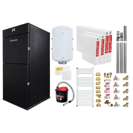 Pachet Centrala peleti Fornello Pellet King 25 kw, complet echipata, pompa circulatie, vas expansiune, automatizare, kit evacuare 3.5 ml, Boiler Termoelectric Fornello 100 l, Termostat Salus 091FLRFV2, Aspirator, Radiatoare si kit montaj