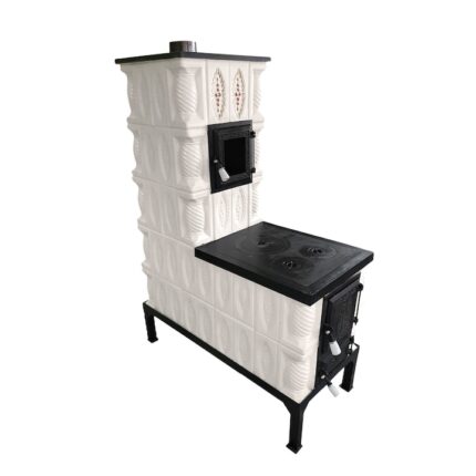 Soba teracota, Gospodarul, 5 randuri, plita mijlocie si cuptor, placa trandafir rosu pictata manual, alba, 140 cm x 101 cm x 46 cm
