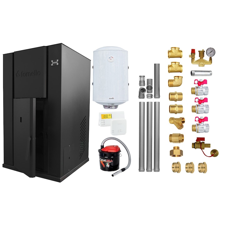 Pachet Centrala peleti Fornello Pellet King 40 kw, complet echipata pentru incalzire, pompa circulatie, vas expansiune, automatizare, kit evacuare 3.5 ml, Boiler Termoelectric Fornello 100 l, Termostat Salus 091FLRFV2, Aspirator si kit montaj