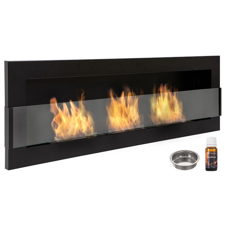 Semineu bio cu biocombustibil Nice-House 1200x400mm. Biosemineu cu bioetanol 1200 mm negru cu sticla pentru a fi inglobat in perete sau de agatat pe perete