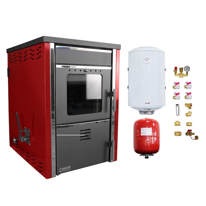 Pachet Termosemineu pe lemne FORNELLO TOROS 29 kw Bordeaux pe combustibil solid ( lemn, carbune, bricheti ), boiler termoelectric 100l, vas expansiune si kit montaj